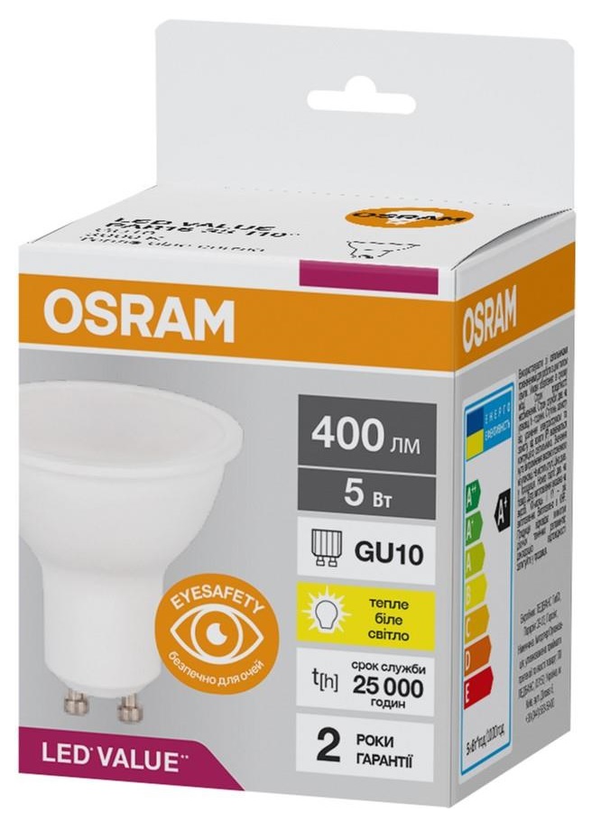 Характеристики светодиодная лампа с цоколем gu10 Osram Led Value PAR16 GU10 5W 3000K 220V (4058075689510)
