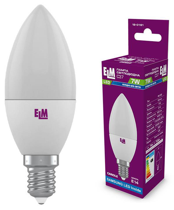 Светодиодная лампа мощностью 7 Вт ELM C37 7W PA10S E14 4000K (18-0161)